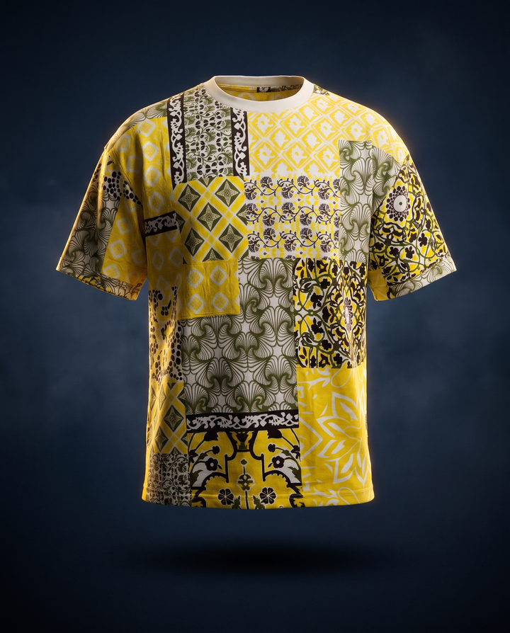 Patchwork Tee — Saffron Bandana, ghost mannequin floating shot