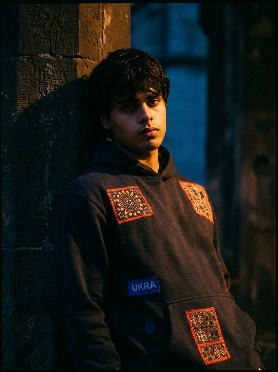 Midnight hoodie with embroidered patches in blue-hour light