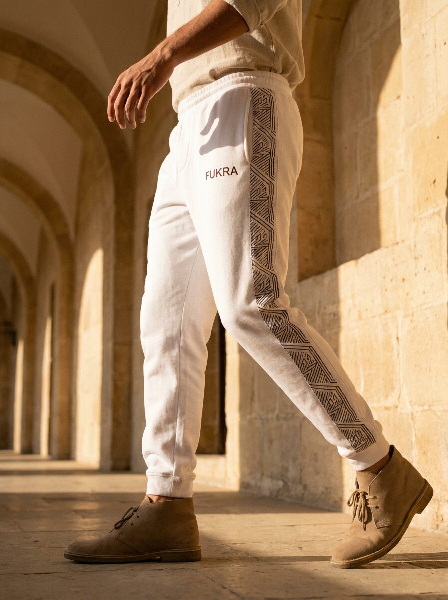 Bone white joggers with geometric side tape in a limestone corridor
