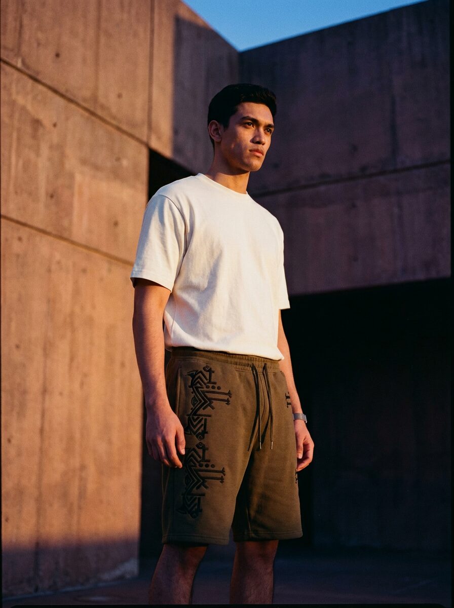 Olive shorts with embroidered side ornaments at dusk