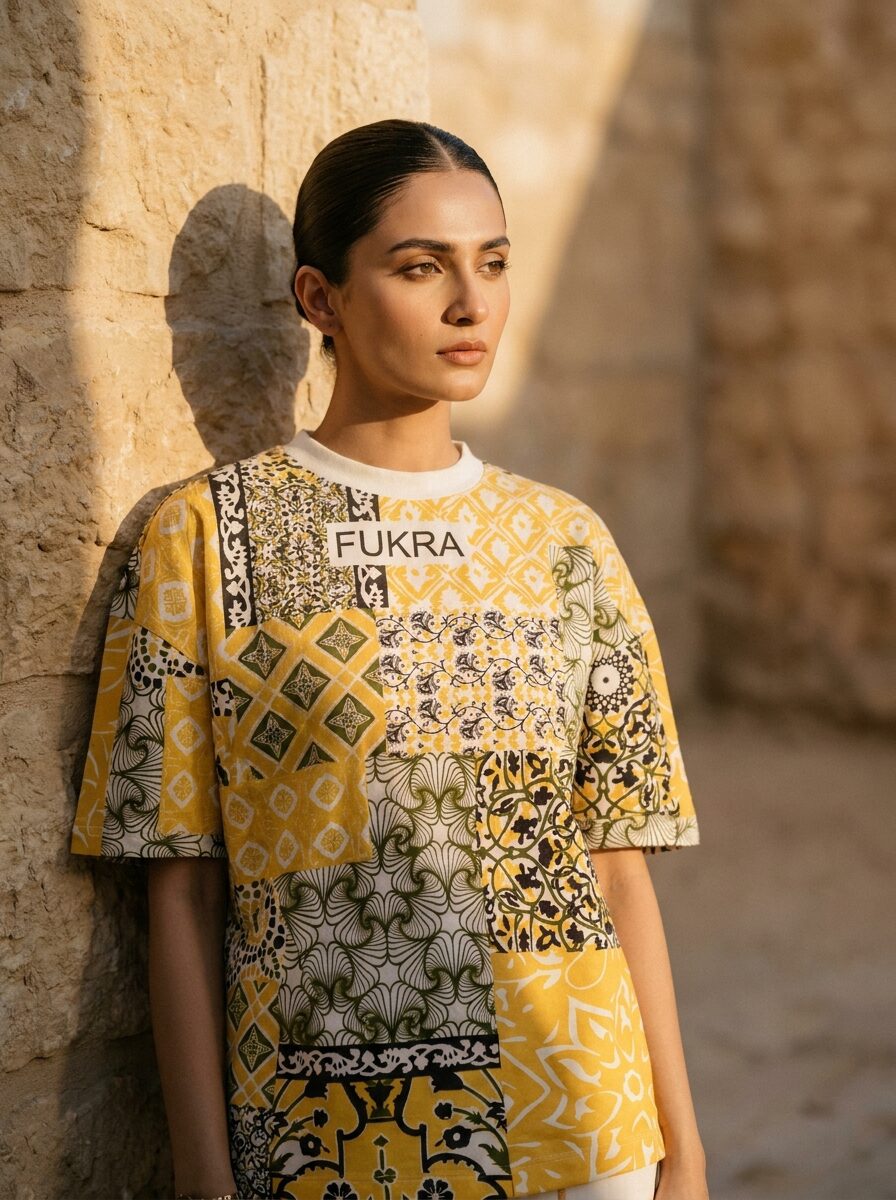 Saffron bandana patchwork tee against a limestone wall