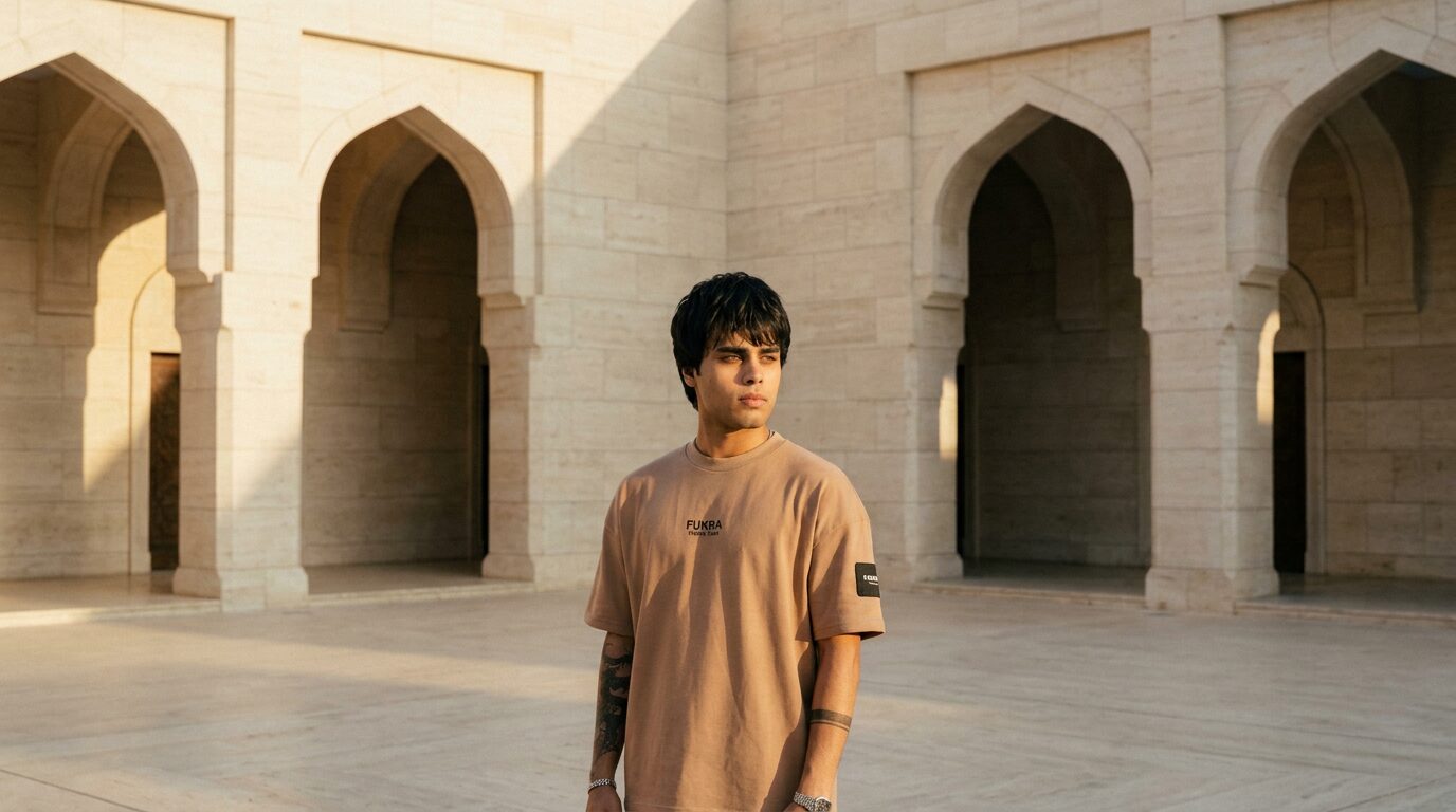 The Quiet Tee in camel, worn in a limestone courtyard