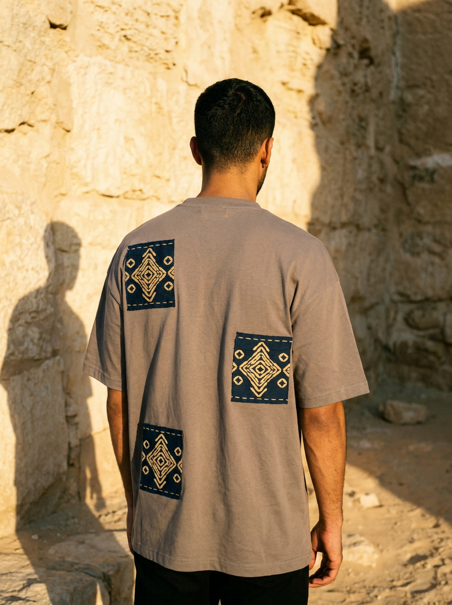 Ornament tee back, three woven patches