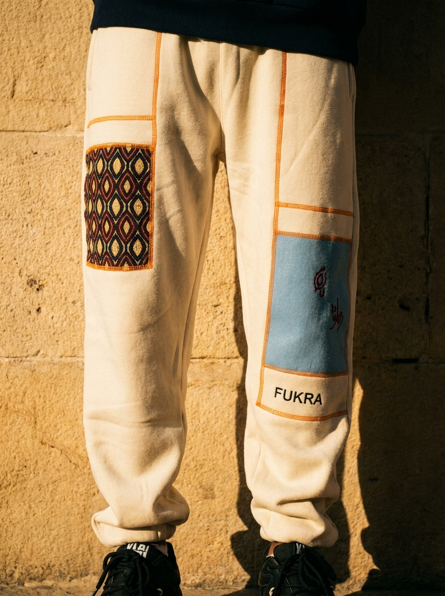 Heritage Trouser detail — ajrak patch, sky-blue panel and saffron seams in golden-hour light