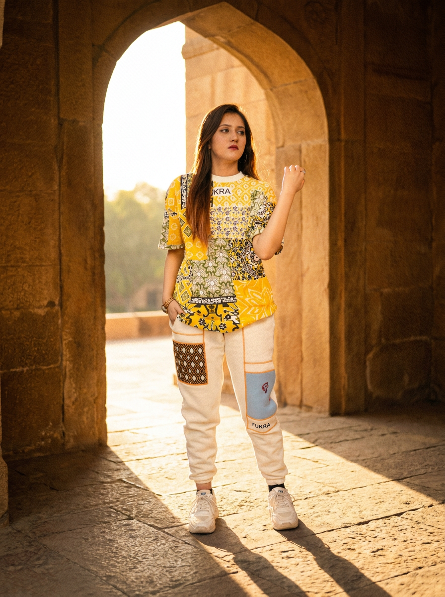 Heritage Trouser styled with the Patchwork Tee in saffron under a sandstone arch