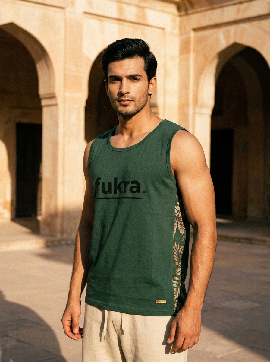 Grove Tank in forest green — fukra chest print, limestone courtyard