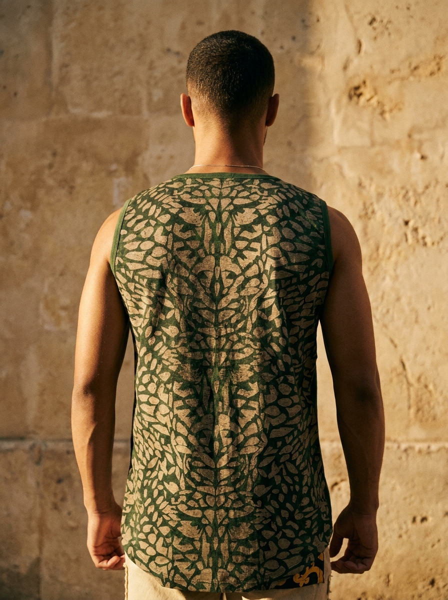 Grove Tank back — full botanical leaf print in golden hour light