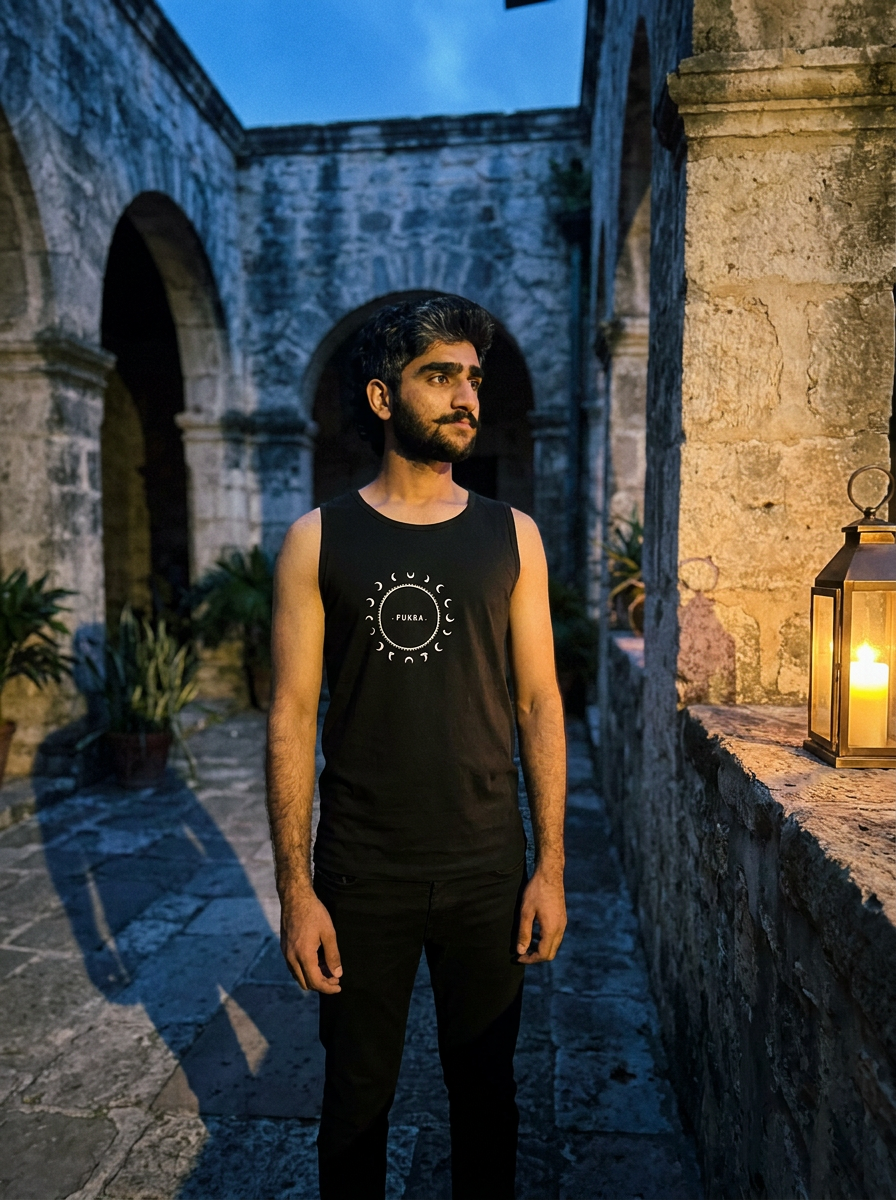 Crescent Tank in ink — moon-phase emblem, twilight courtyard