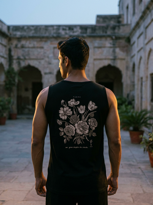 Crescent Tank back — engraved bouquet, we grow despite the cracks