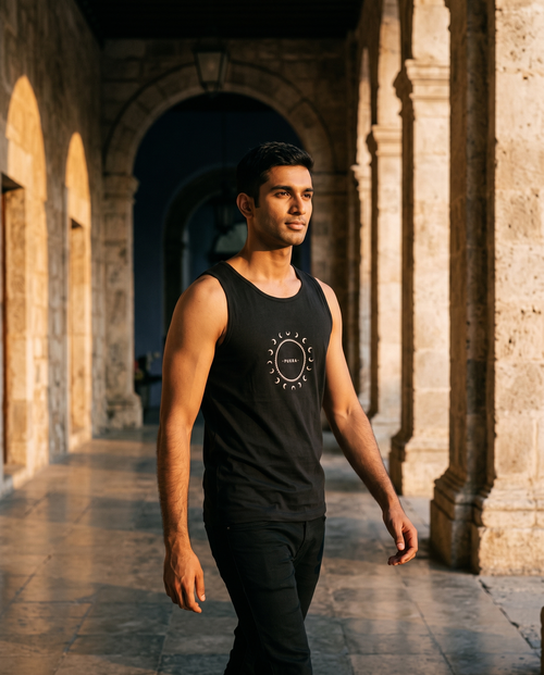 Crescent Tank in ink, moon-phase emblem, walking a golden-hour limestone colonnade