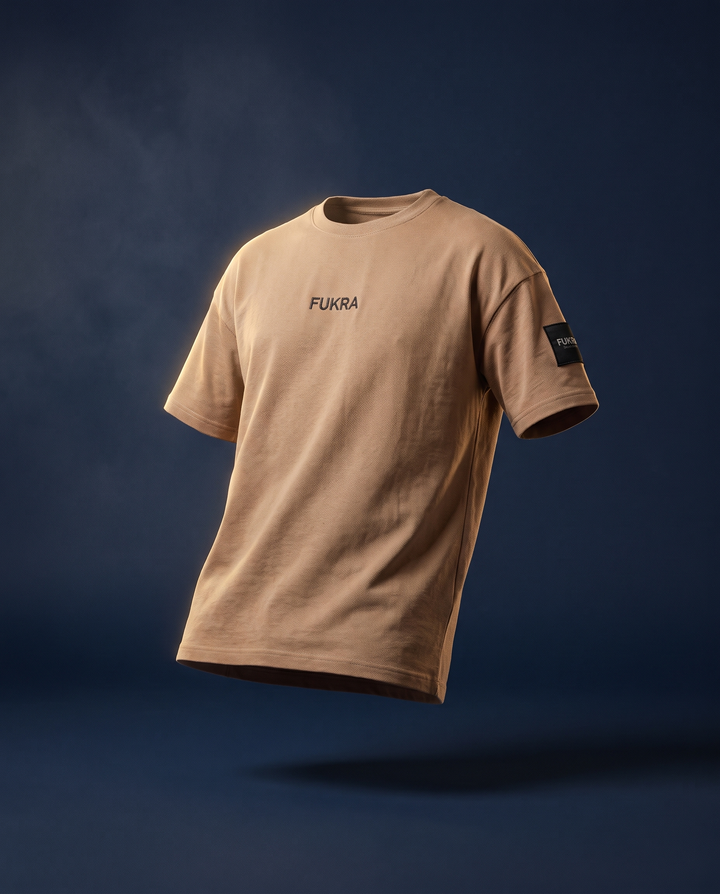 The Quiet Tee — Camel, ghost mannequin floating shot