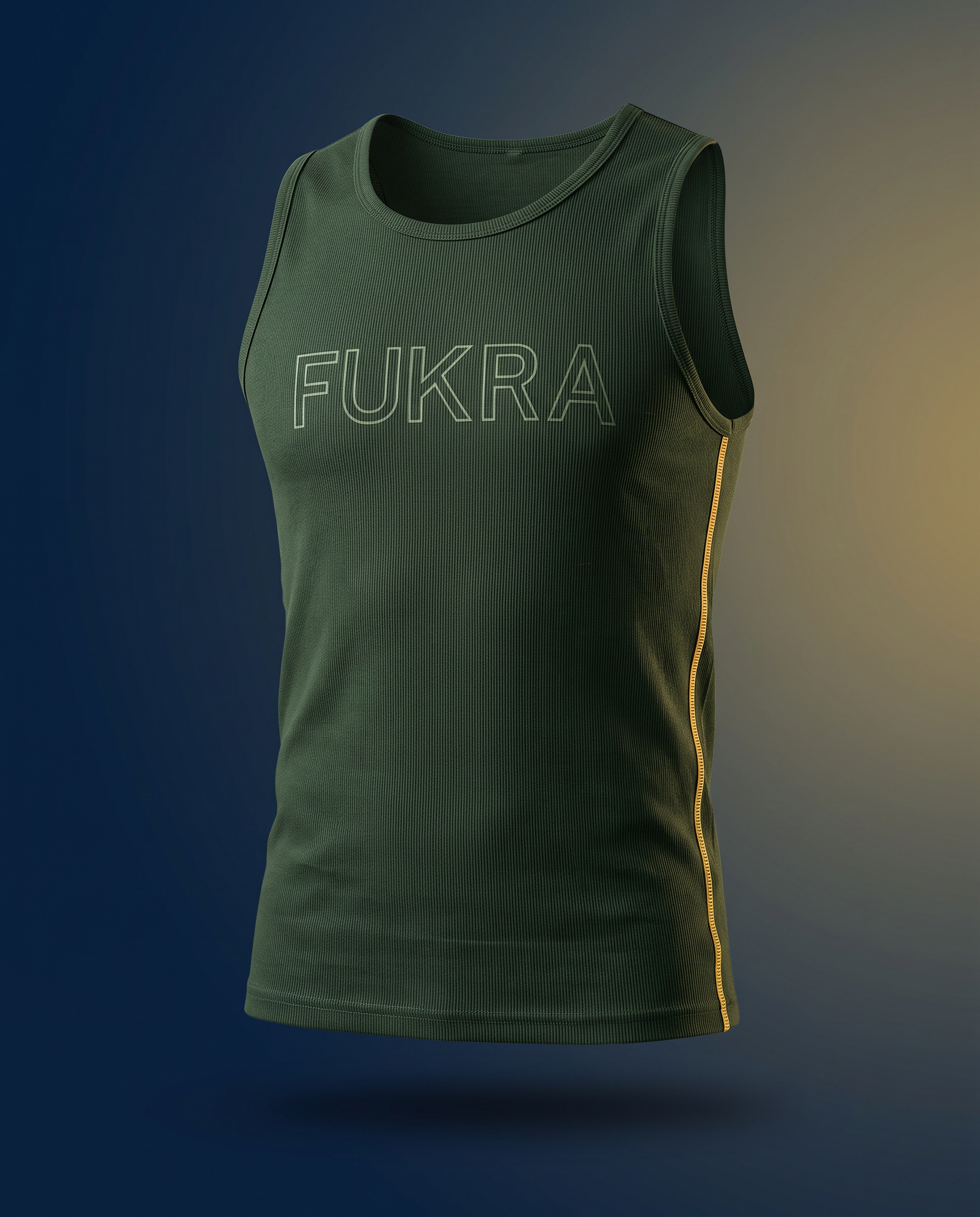 Archived, superseded — early ghost-mannequin render of the Grove Tank showing an outline uppercase FUKRA and a gold side stripe; neither appears on the real garment, whose print is a raised lowercase fukra wordmark with a rule beneath it.