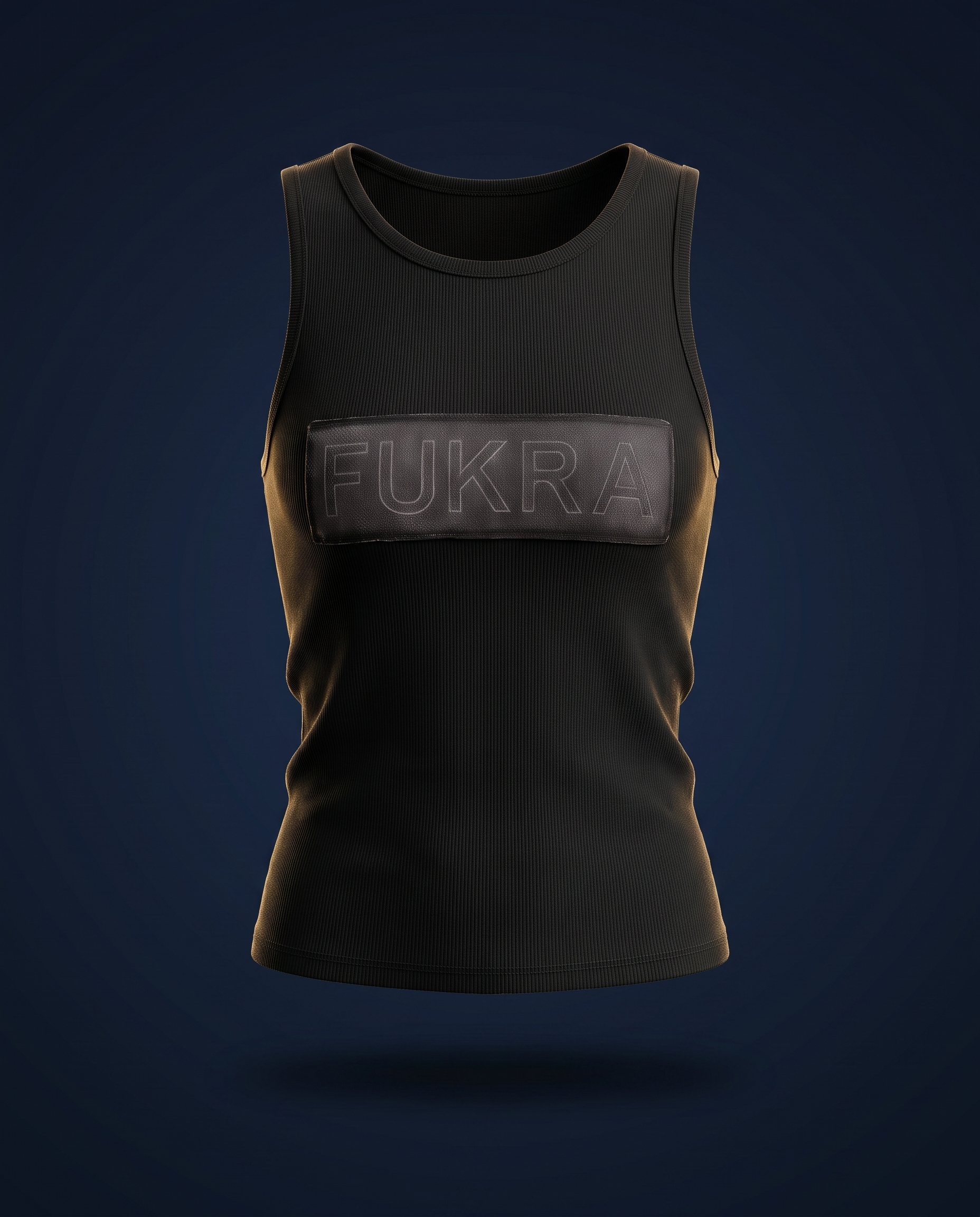 Archived, superseded — early ghost-mannequin render of the Crescent Tank with a fabricated rectangular chest patch; the real print is an oval cartouche reading FUKRA ringed by crescent moons.