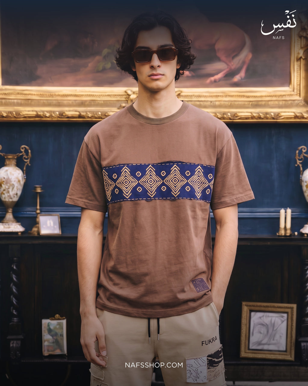 Ornament Patch Tee — Taupe, ornament band detail