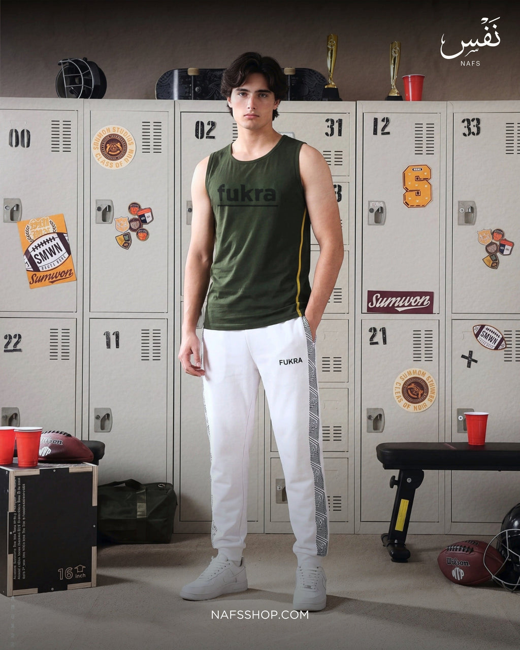Geometry Joggers worn with Grove Tank, locker room