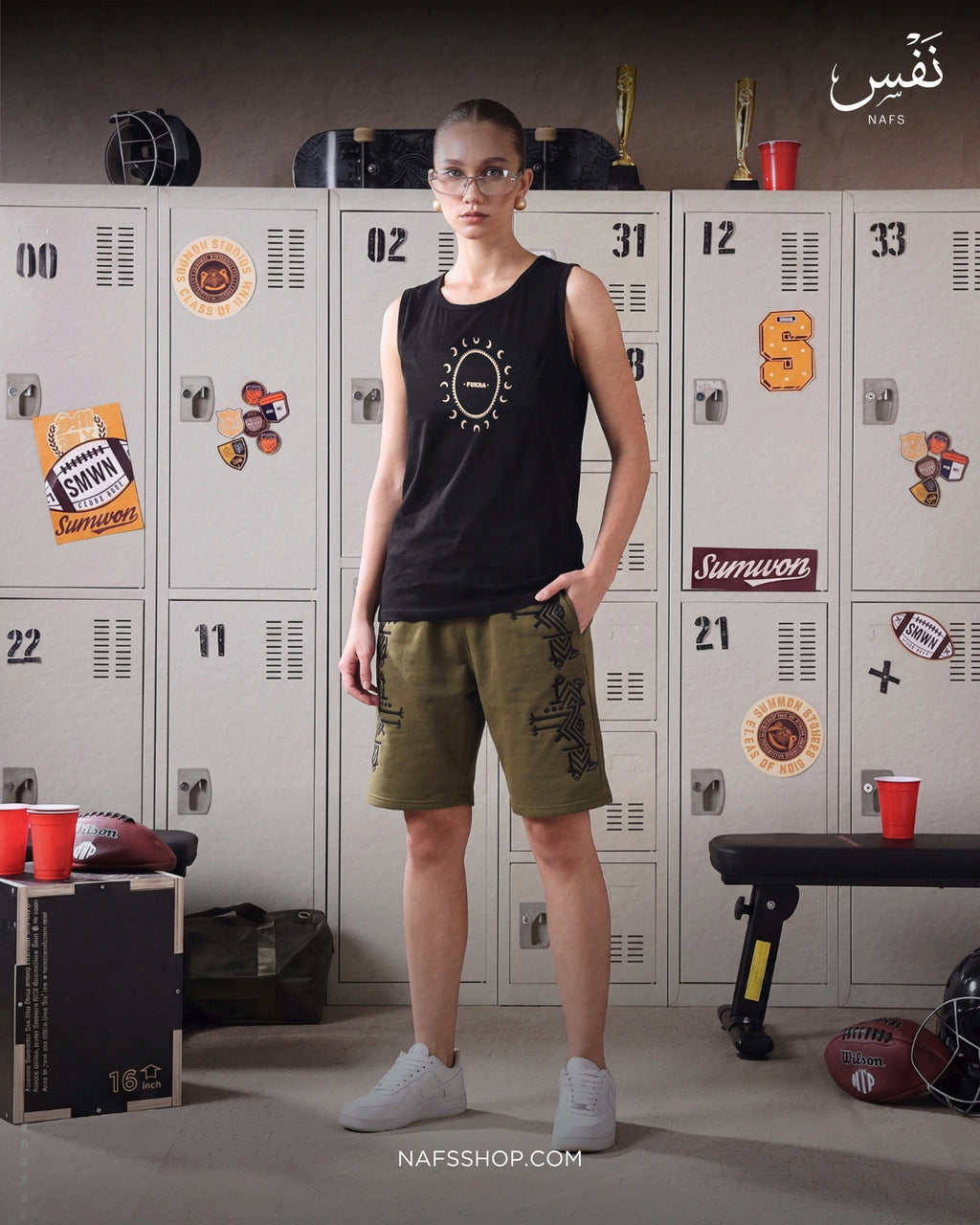 Ornament Shorts — Olive worn with Crescent Tank