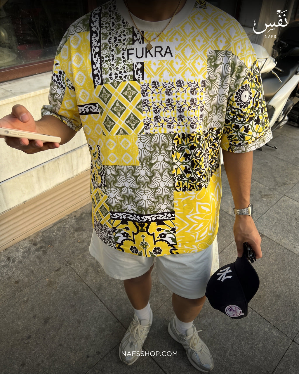 Patchwork Tee — Saffron Bandana, street