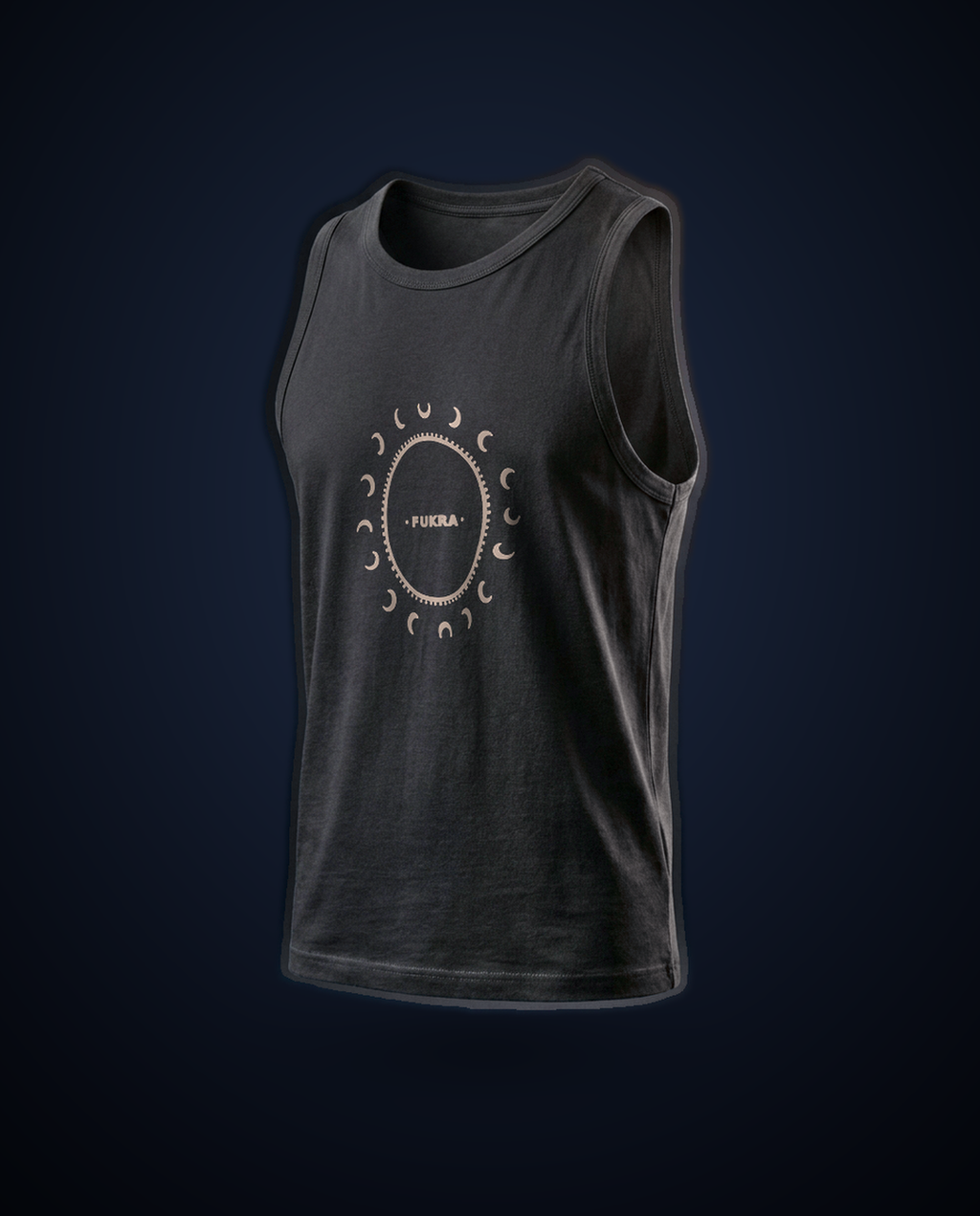 Crescent Tank — Ink, ghost-mannequin product shot: the tank floating against a deep studio backdrop, black, with the moon-phase cartouche emblem on the chest