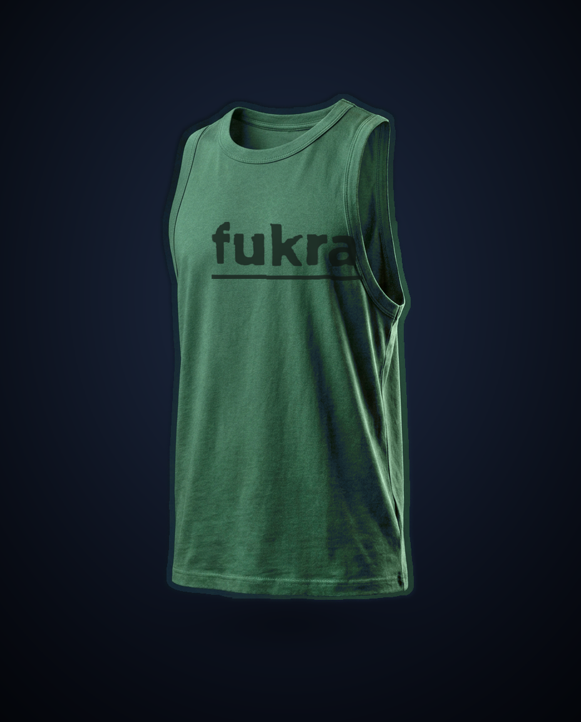 Grove Tank — Forest, ghost-mannequin product shot: the tank floating against a deep studio backdrop, forest green, with the raised fukra chest wordmark