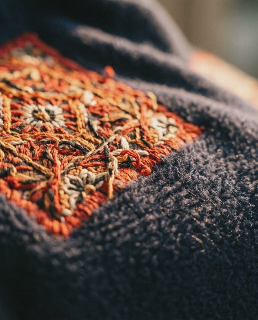 Heritage Hoodie — hand embroidery in motion, macro film