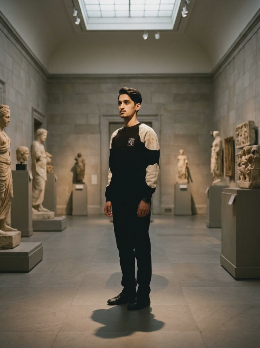 Raglan Crew in ink and ecru — museum light film
