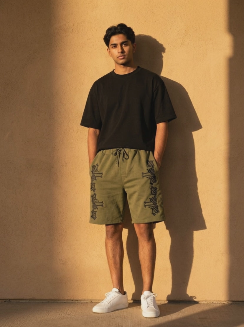 Ornament Shorts in olive — dusk embroidery film