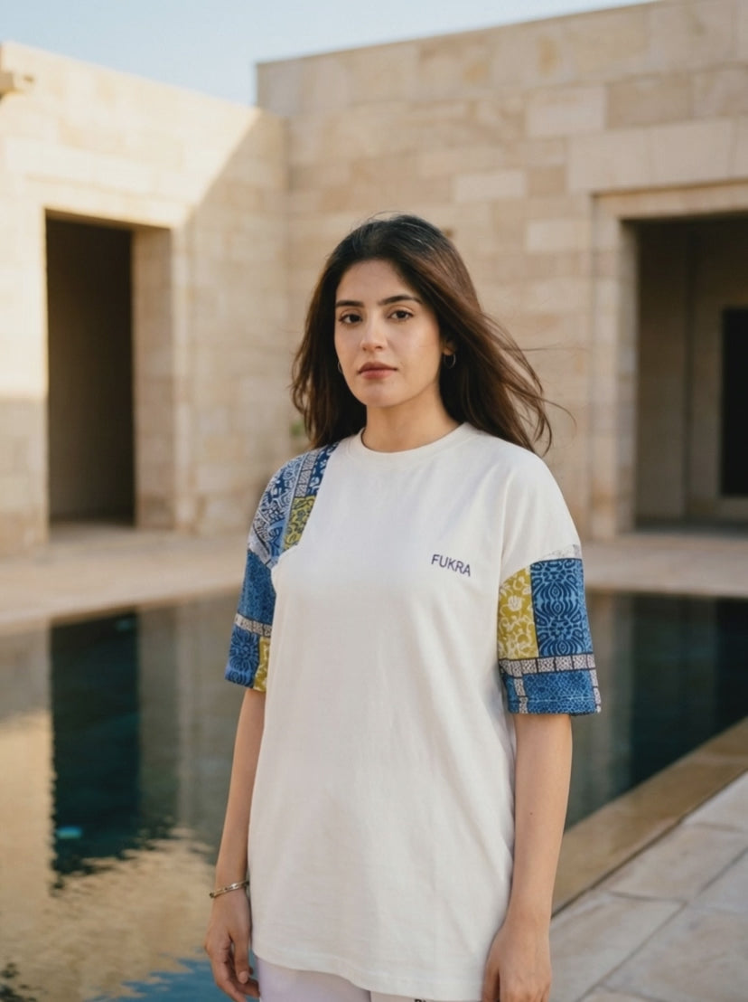 Indigo Sleeve Tee — reflecting pool film, golden hour